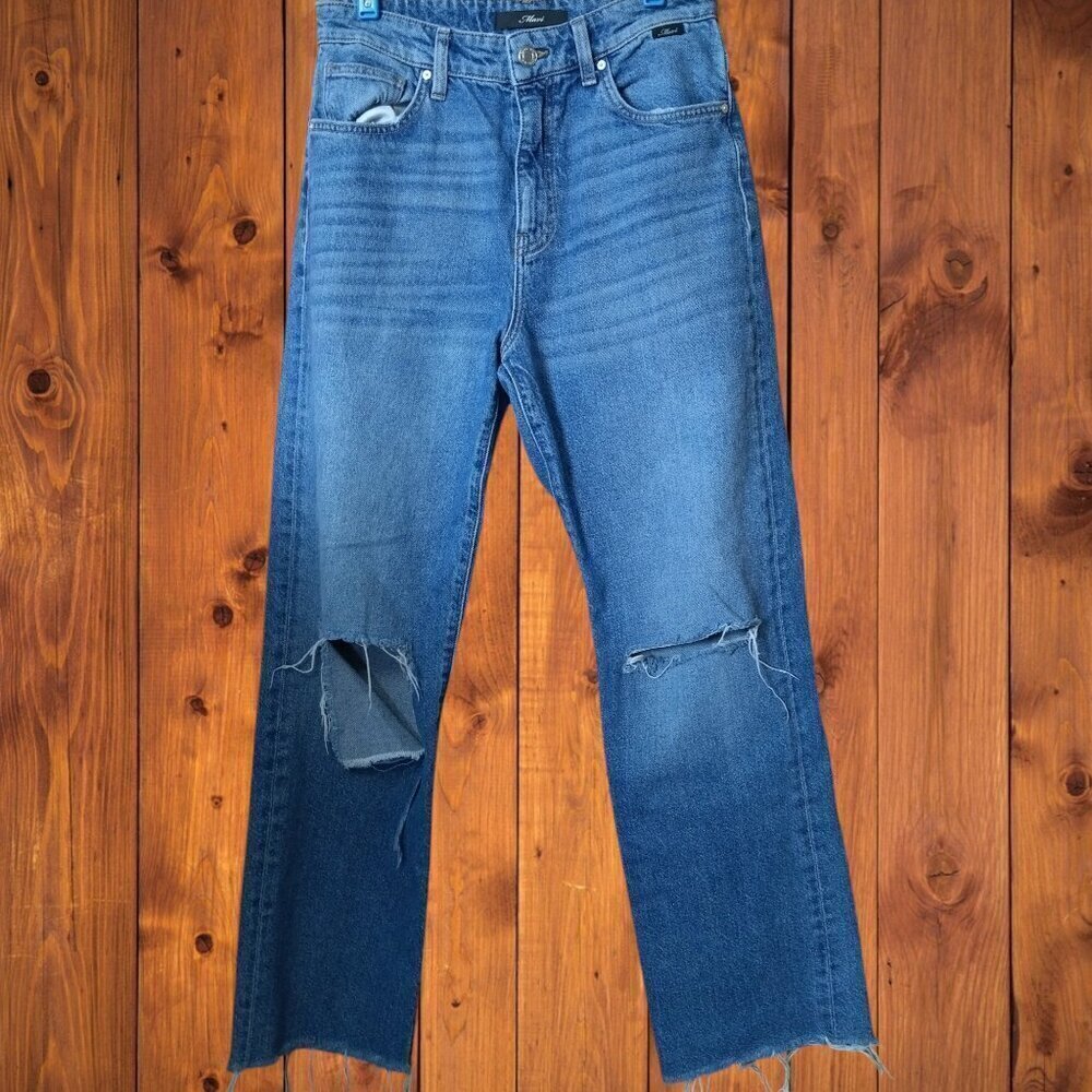 Mavi Barcelona Women's 27 x 29 Blue Denim Distressed Straight Leg Raw Hem Jeans